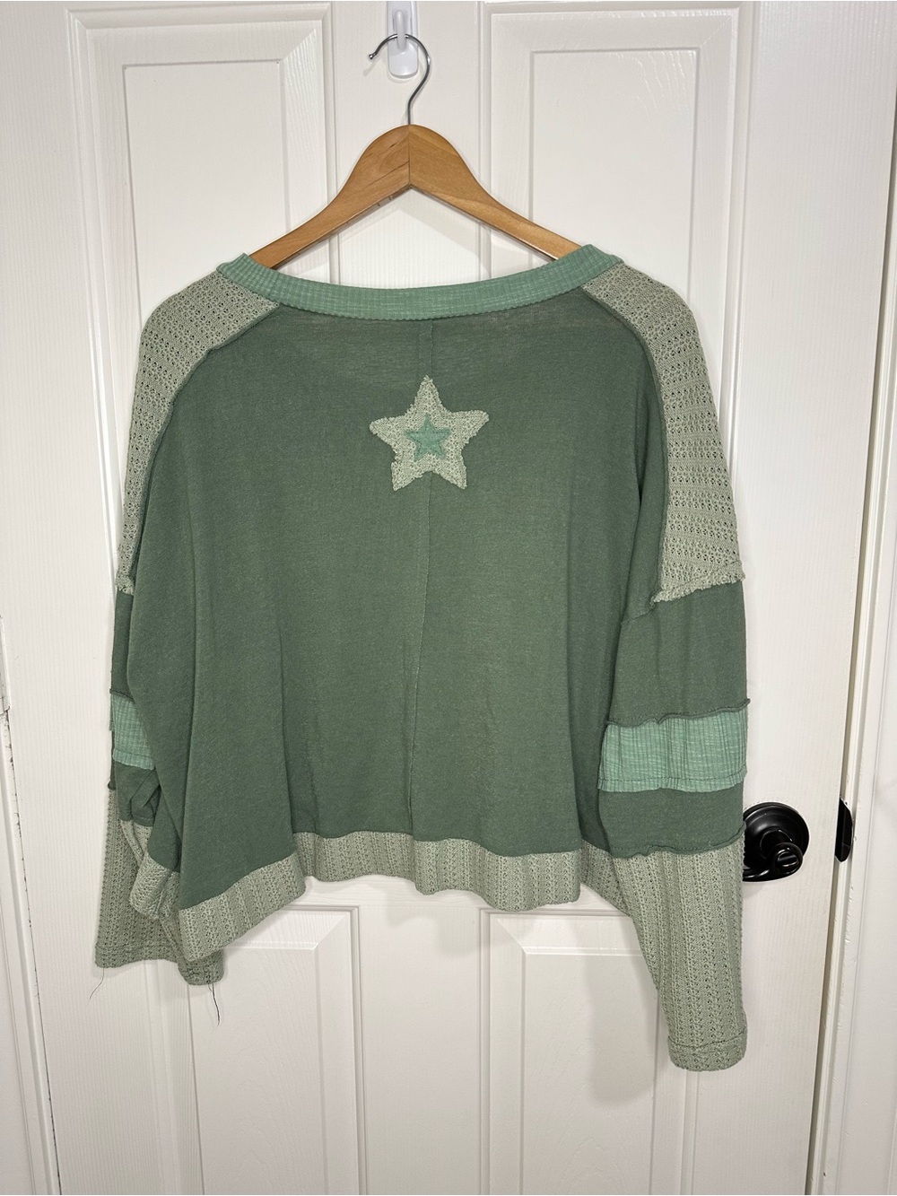 POL Mist Green Stars Patchwork Round Neck Cropped Oversized Long Sleeve S Boho - Picture 4 of 10